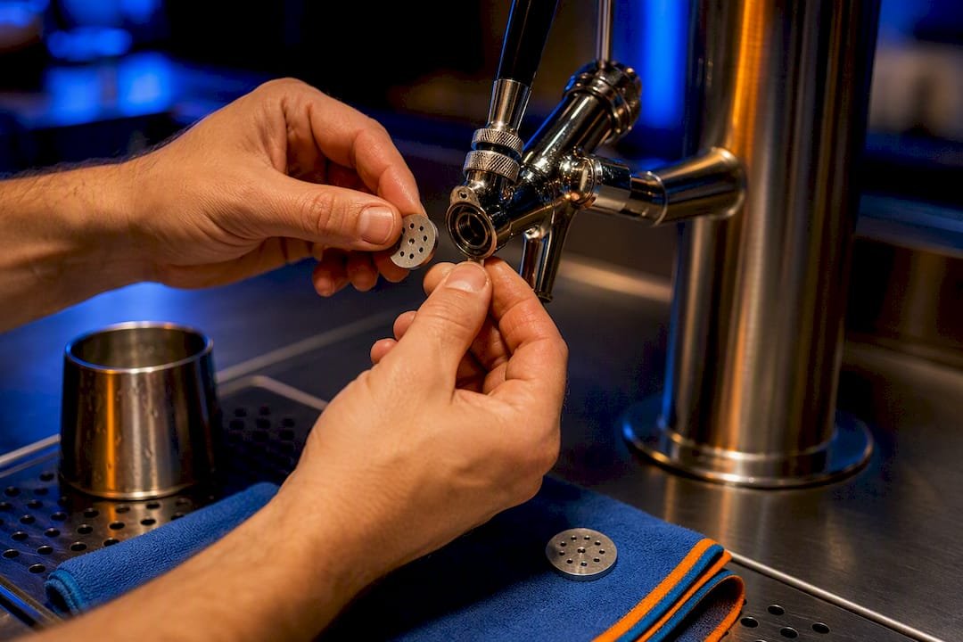 Hands replacing a nitro faucet restrictor plate